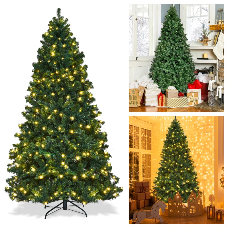 7 FT Green Pre-Lit Artificial Christmas Tree with 300 Warm White LED Lights & 1096 Hinged Branch Tips