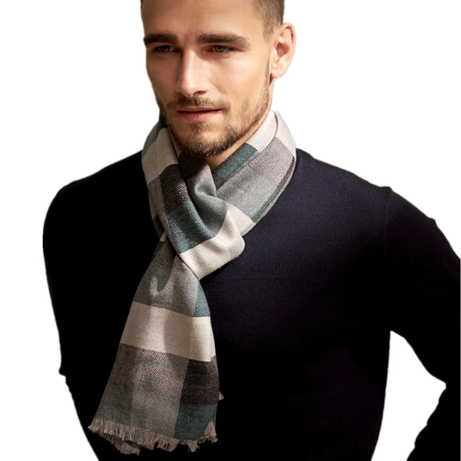 Winter Large 100% Wool Classic Grid Scarfs And Shawl For Men Blue 200x70cm