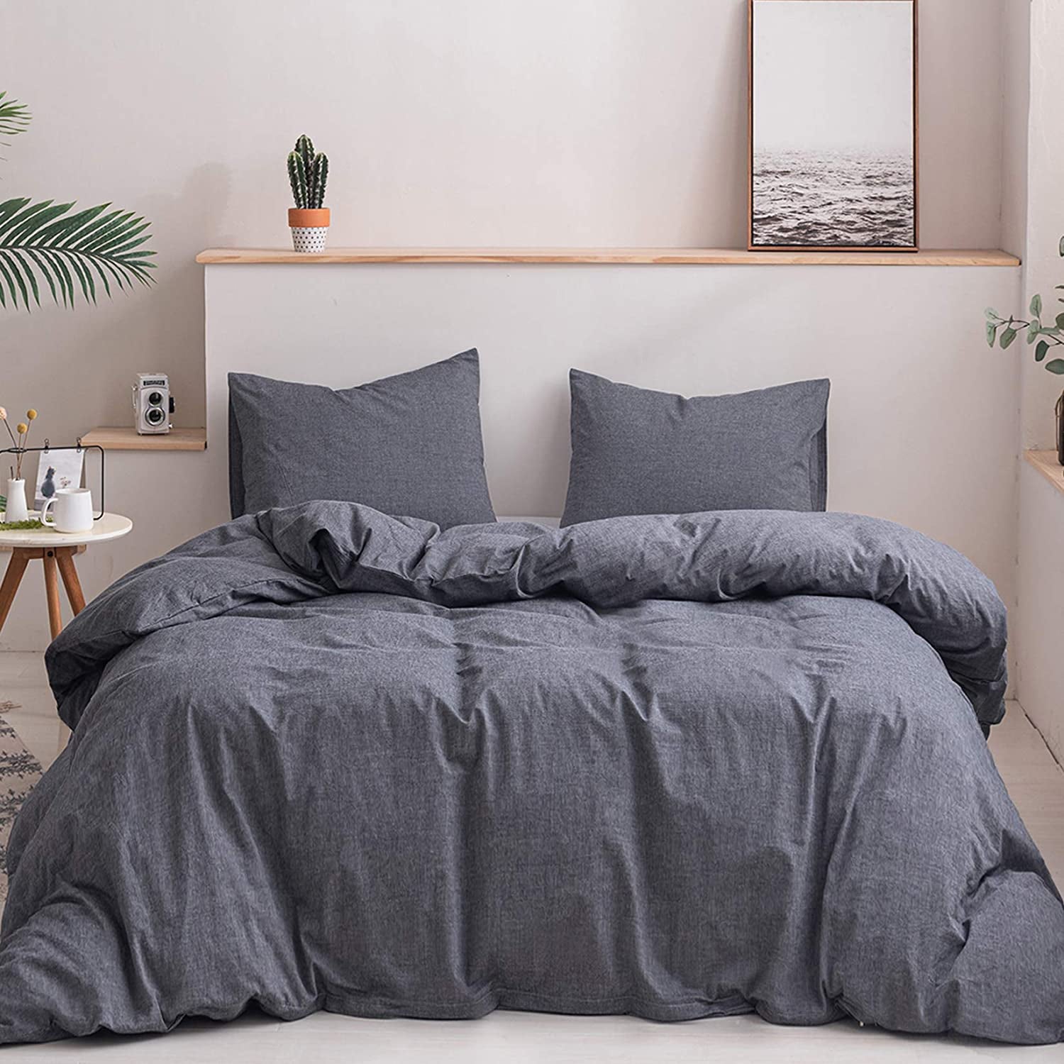 EWAYBY 3-Piece 100% Washed Cotton Duvet Cover and Sham Set(Queen， Grey)