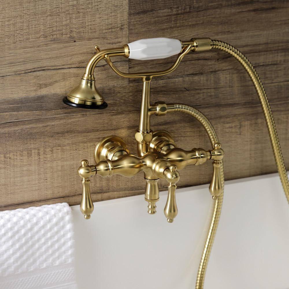 Kingston Brass Aqua Vintage 3-Handle Wall-Mount Clawfoot Tub Faucets with Hand Shower in Brushed Brass HAE19T7