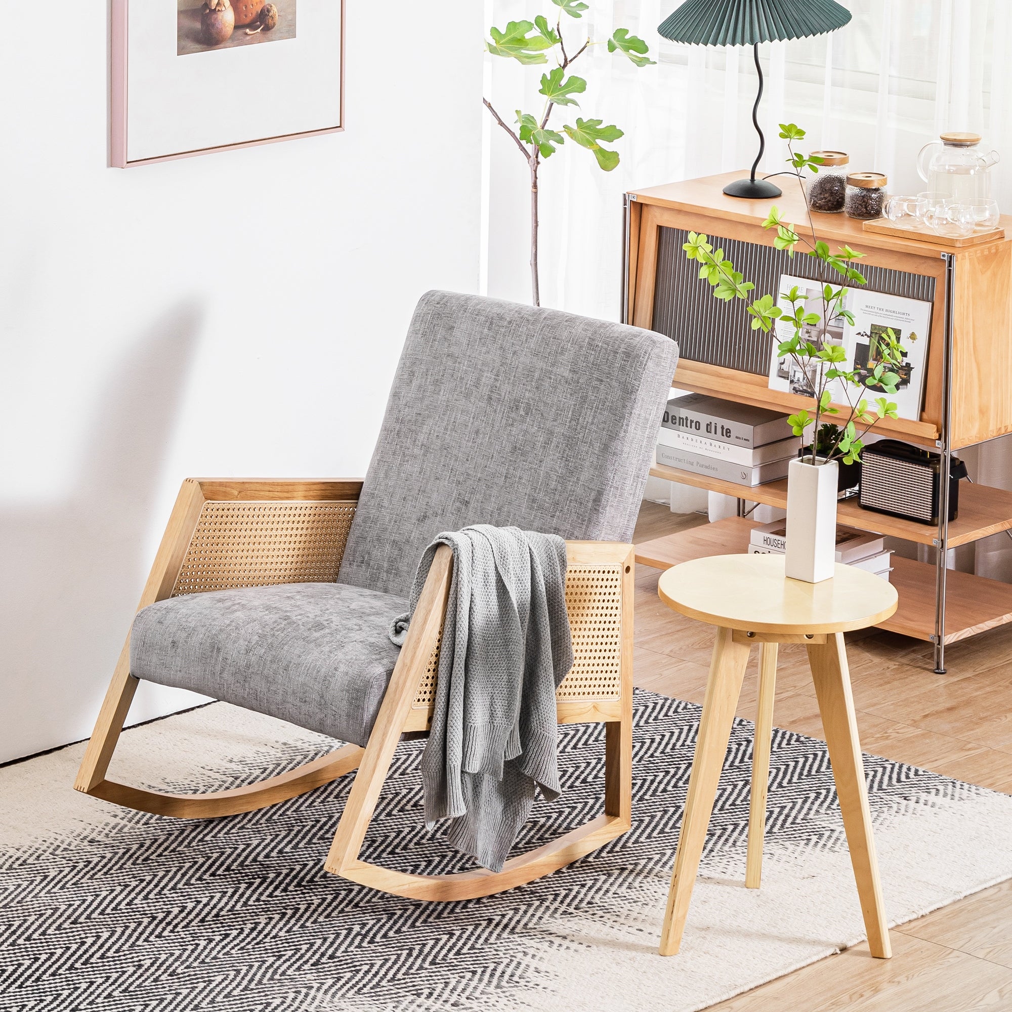 High Back Modern Fabric Rocking Chair with Rattan Arms