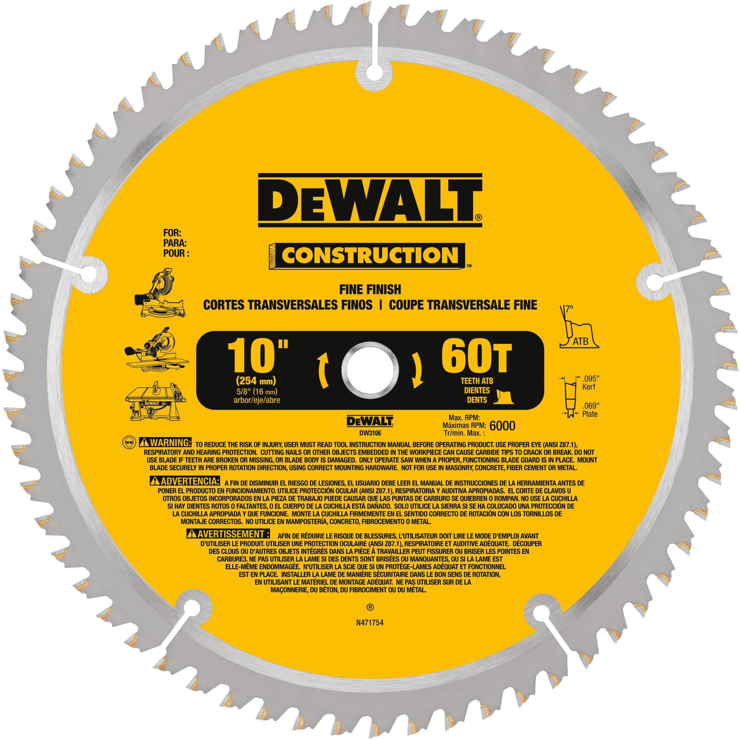 DW 10 in. D X 5/8 in. Carbide Circular Saw Blade 60 teeth 1 pk