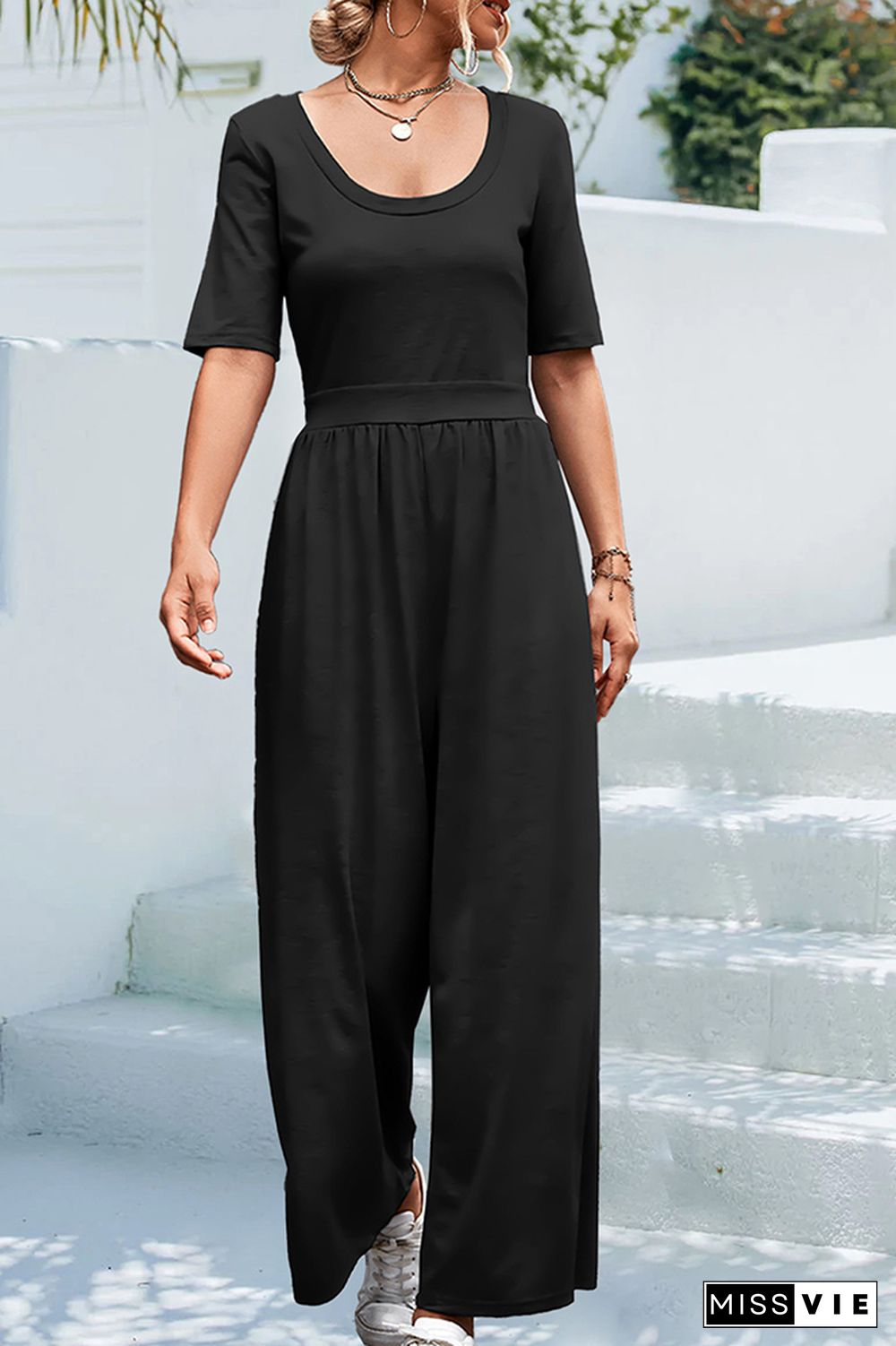 Plain U Neck High Waist Wide Leg Jumpsuit