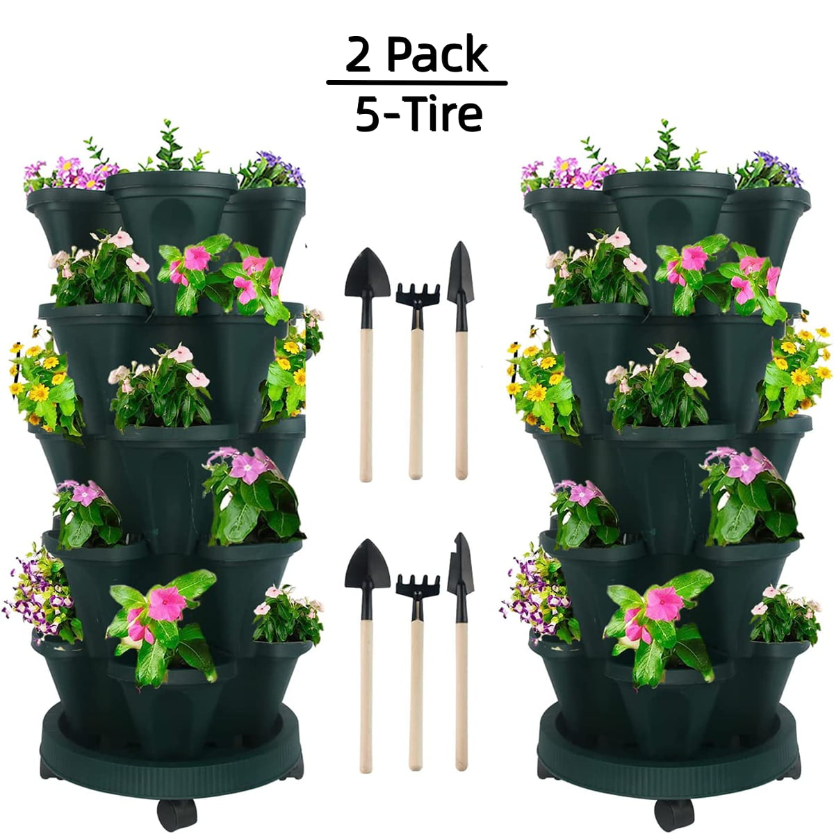 Stacking Flower Pot Tower- Space Saving 5-Tire Indoor Outdoor Vertical Stackable Plastic Herb and Flower Planters - Green,2 Set