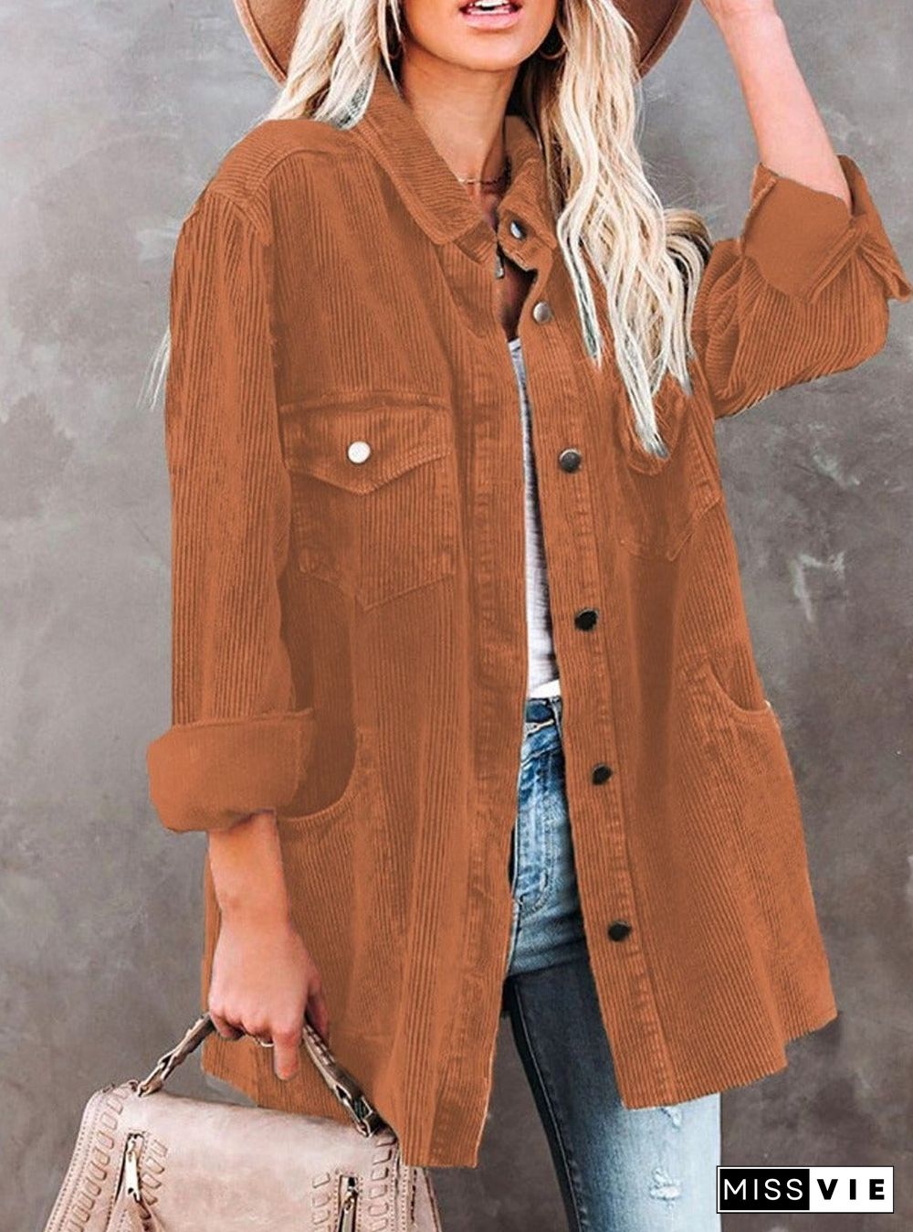 Casual Button And Pocket Corduroy Jacket Women