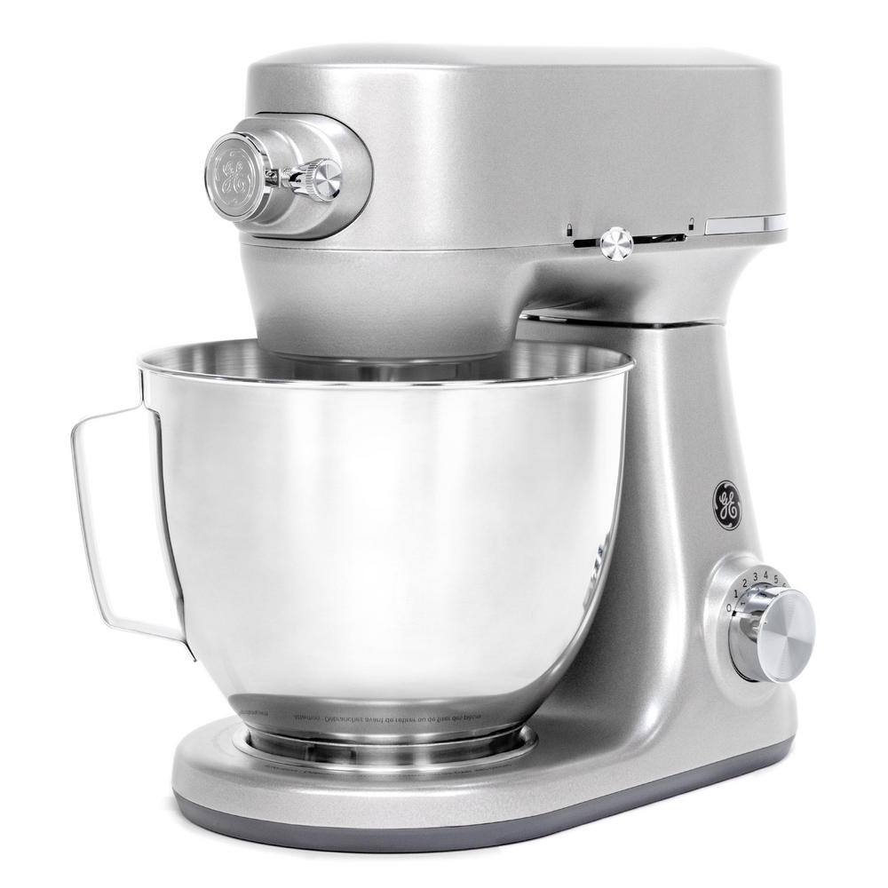 GE 5.3 Qt. 7-Speed Stainless Steel Stand Mixer with coated flat beater coated dough hook wire whisk and pouring shield G8MSAAS1RSH