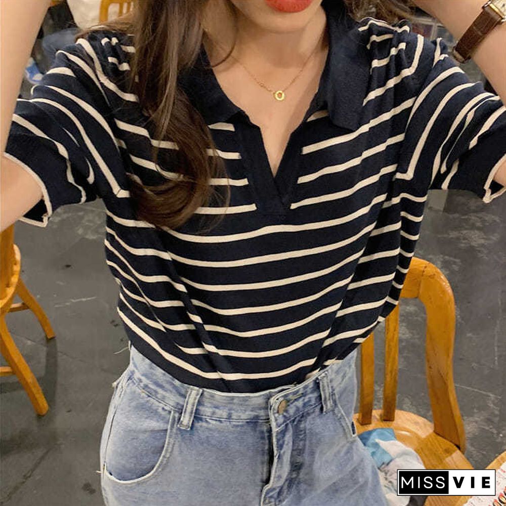 Summer Classic Striped Knit T-Shirts Women Vintage V Neck Short Sleeve BF Tops Ladies Loose Elasticity Tee Female Streetwear2021