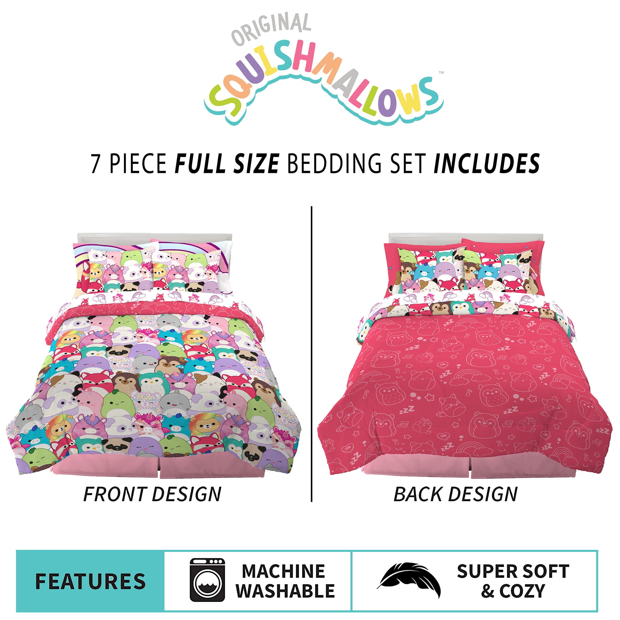 Squishmallows Full Bed in a Bag, 7Pc Comforter Sheets and Shams, Multicolor