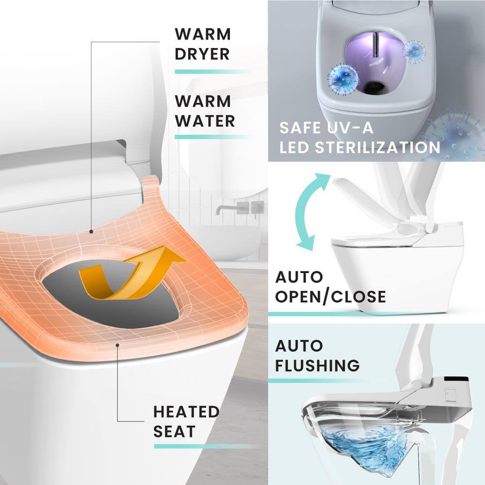 VOVO Stylement Tankless Smart Bidet One Piece Toilet Square in White UV-A Sterilization Auto Open Auto Flush Heated Seat TCB-090SA