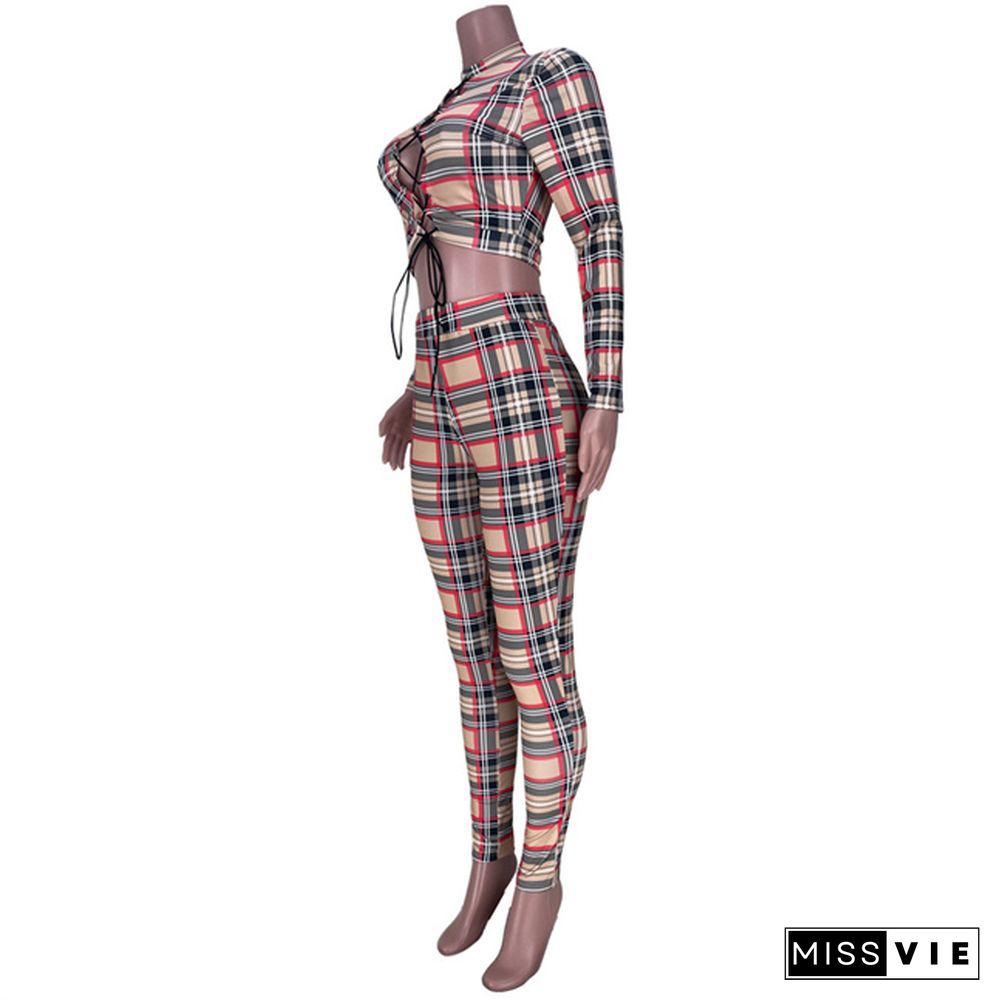 Autumn New Women Plaid Print Bandage Long Sleeve Sexy Crop Top Streetwear 2 Piece Pants Set