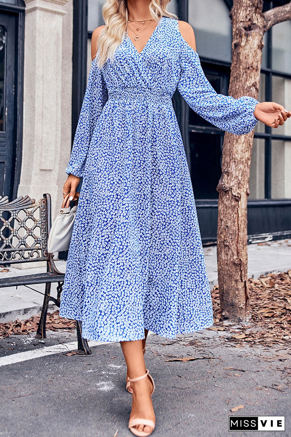 Cold Shoulder V Neck Flower Print Dress