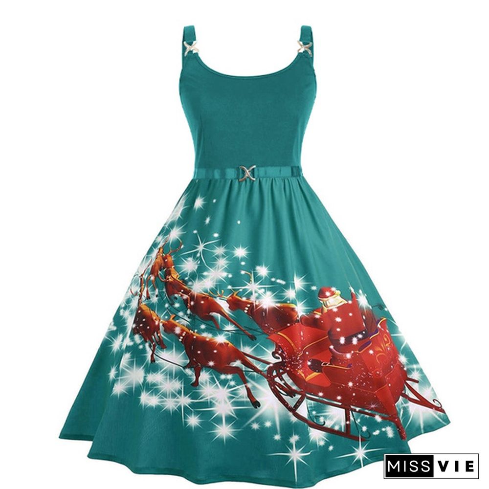 New Fashion Women Casual Merry Christmas Elk Santa Printed Slim Waist Sleevless Dresses Plus Size S-XXXXXL