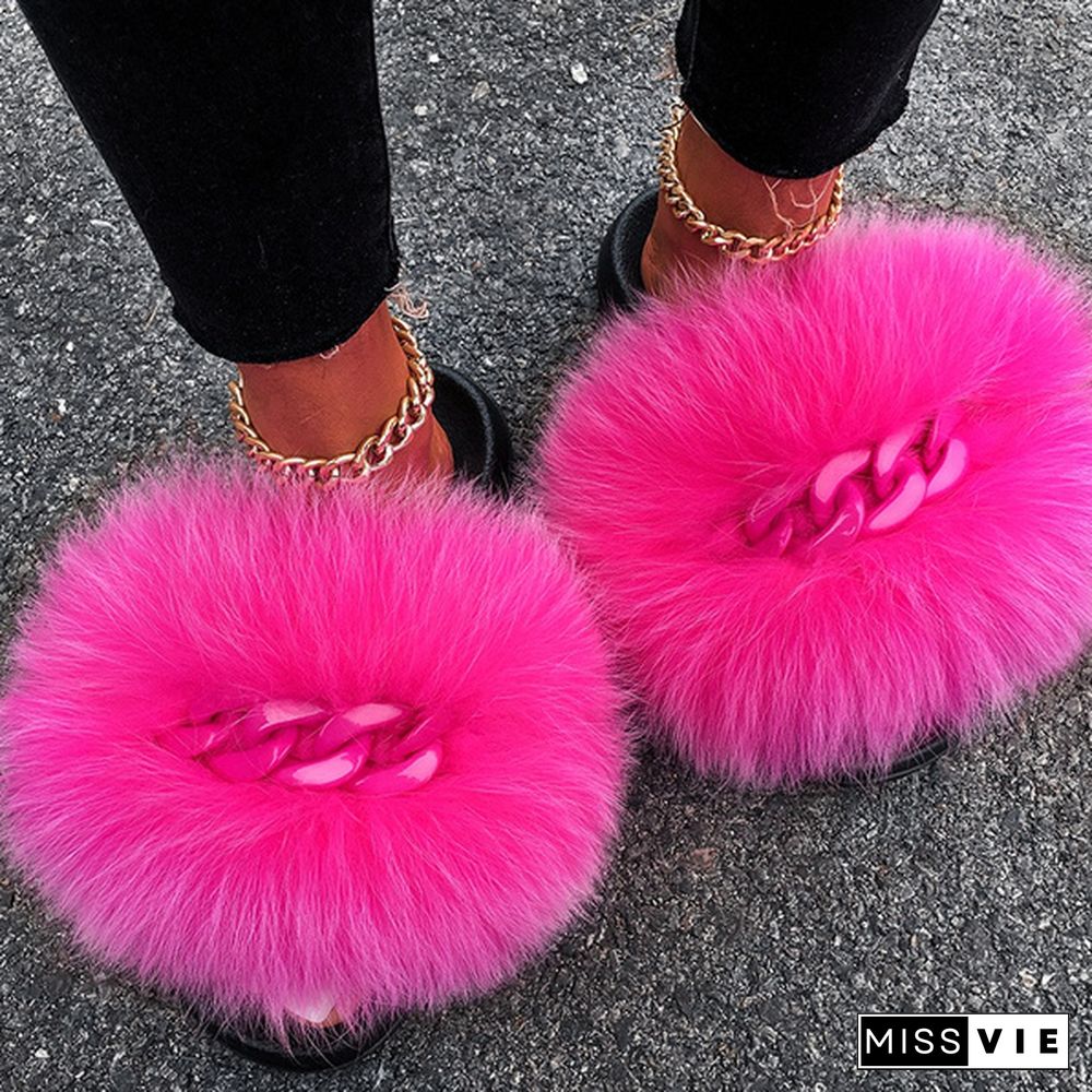 New Fashion Real Fox Fur Slippers For Women Fur Slides Summer Beach Fluffy Chain Fur Sandals Home Furry Flip Flop Plush Shoes Multicolor