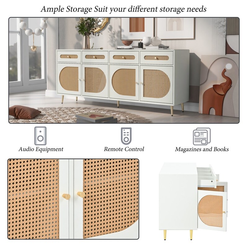 TV Stand with Rattan Door Woven Media Console Table for TVs up to 65\