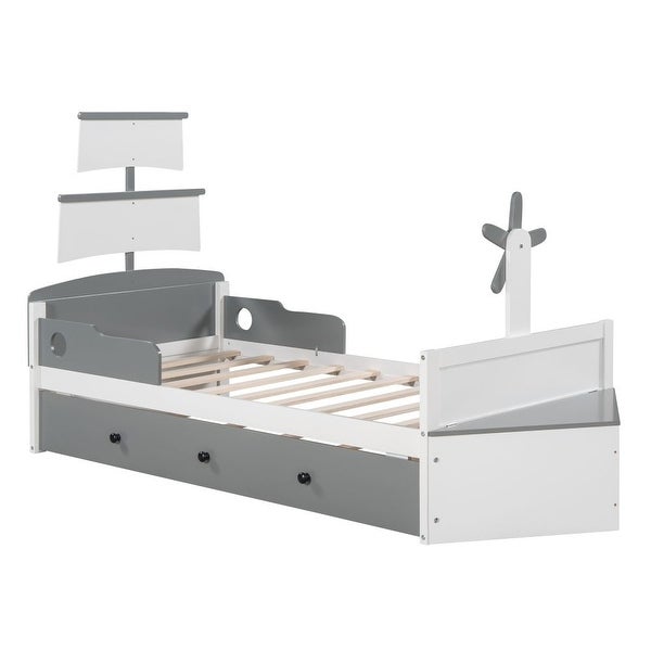 3-Pieces Bedroom Sets，Twin Size Boat-Shaped Platform Bed with Trundle and Two Nightstands - - 38073182