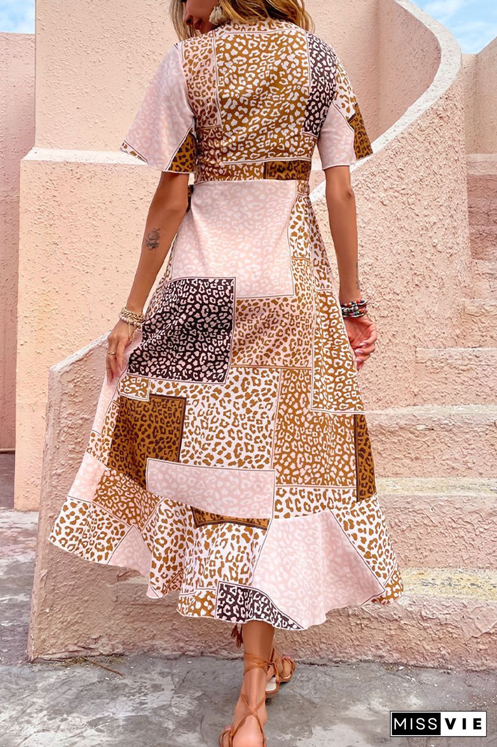 Pink Leopard V Neck Midi Dress Wholesale