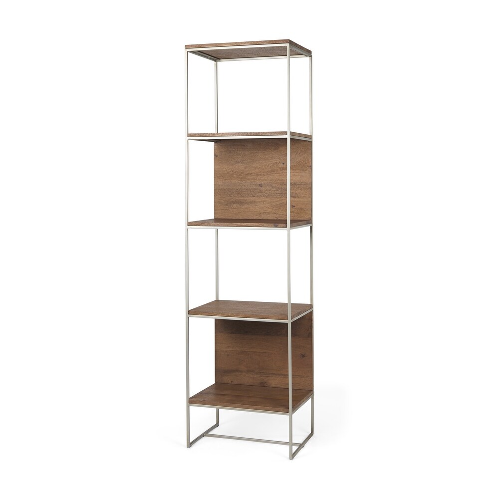 Morris II Medium Brown Solid Wood w/Silver Metal Frame 4 Tier Shelving Unit   20\