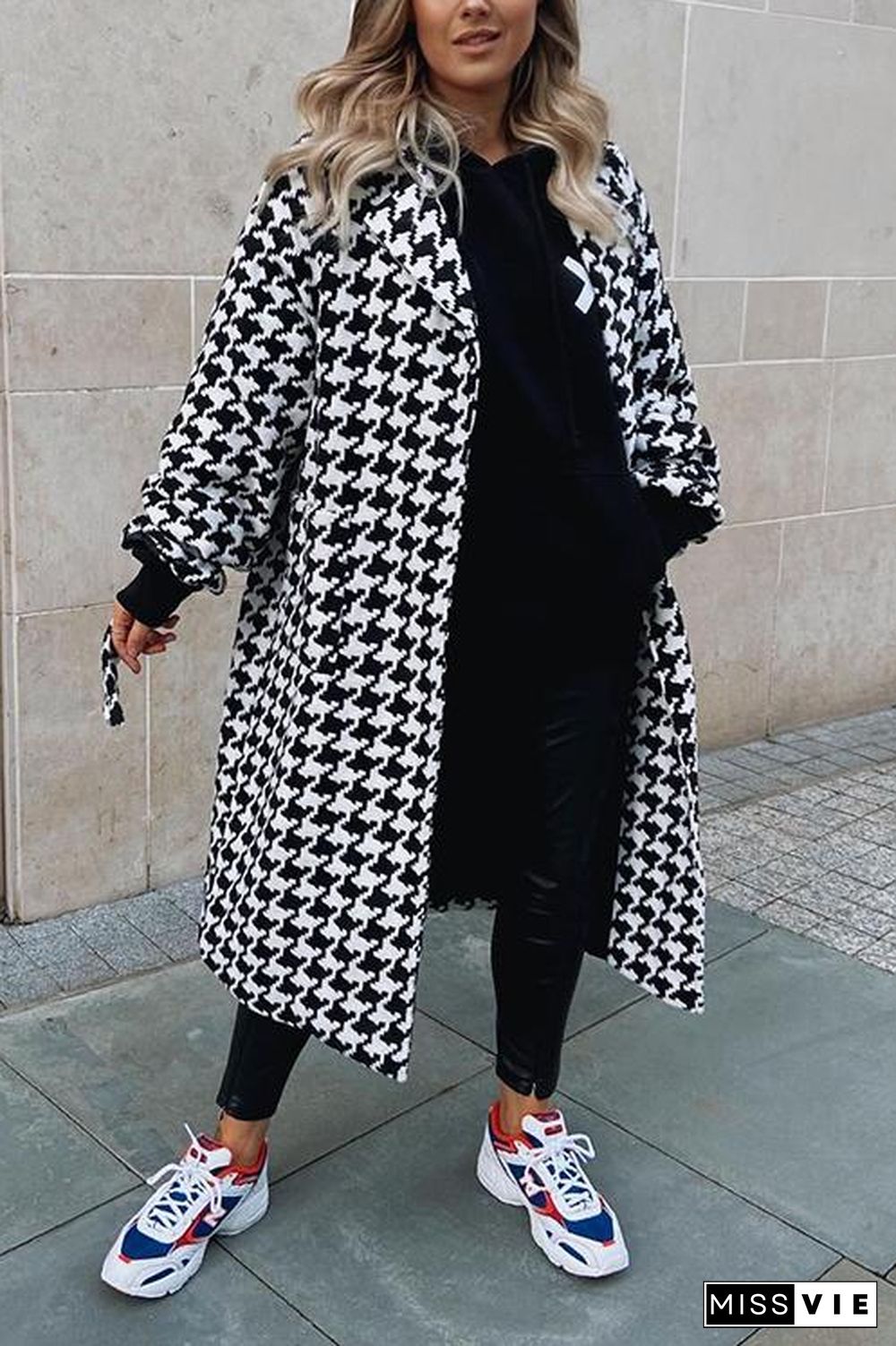 Houndstooth Lapel Woolen Coat