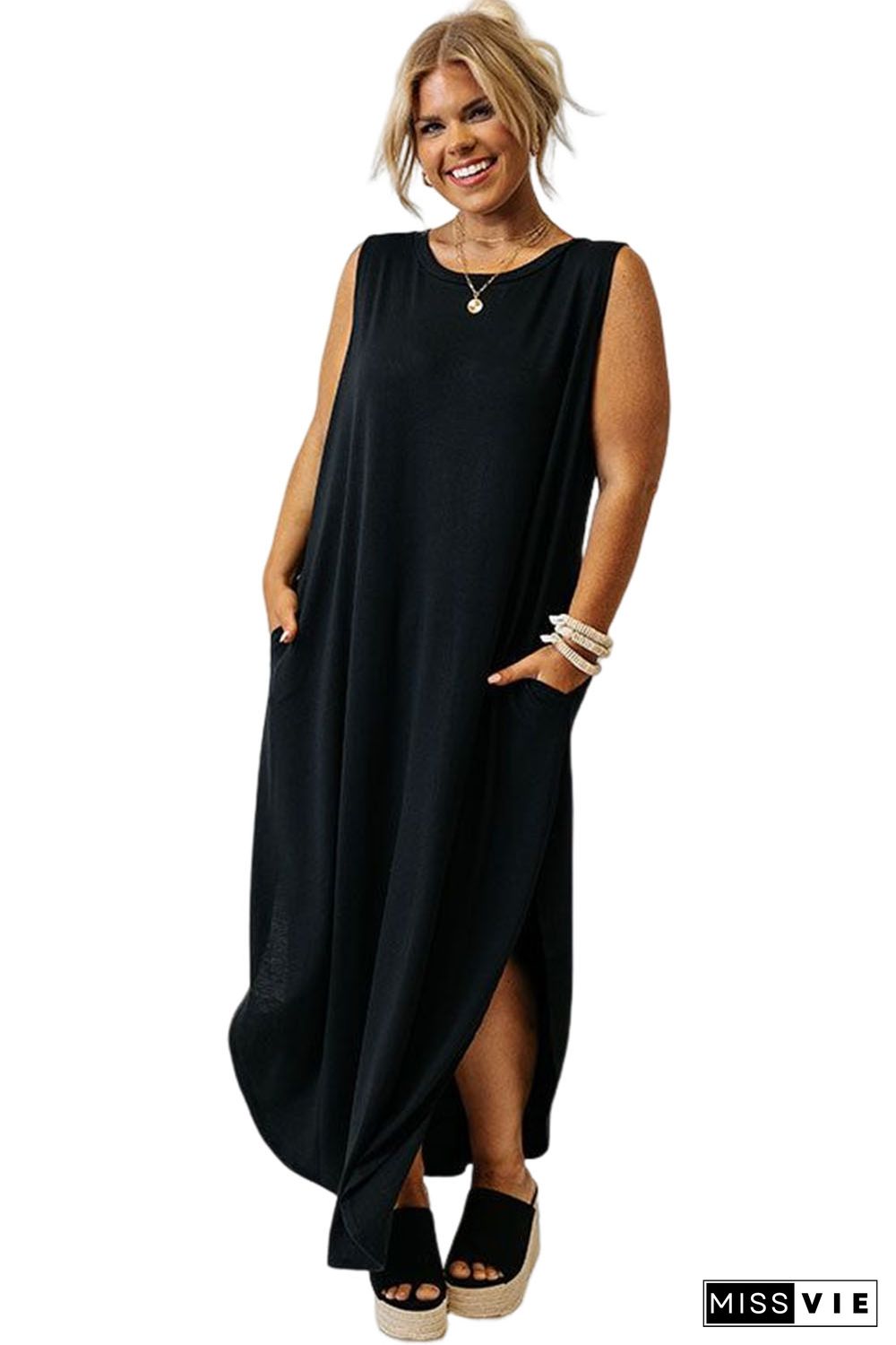 Black Plus Size Wide Sleeveless Shoulder Straps Maxi Dress