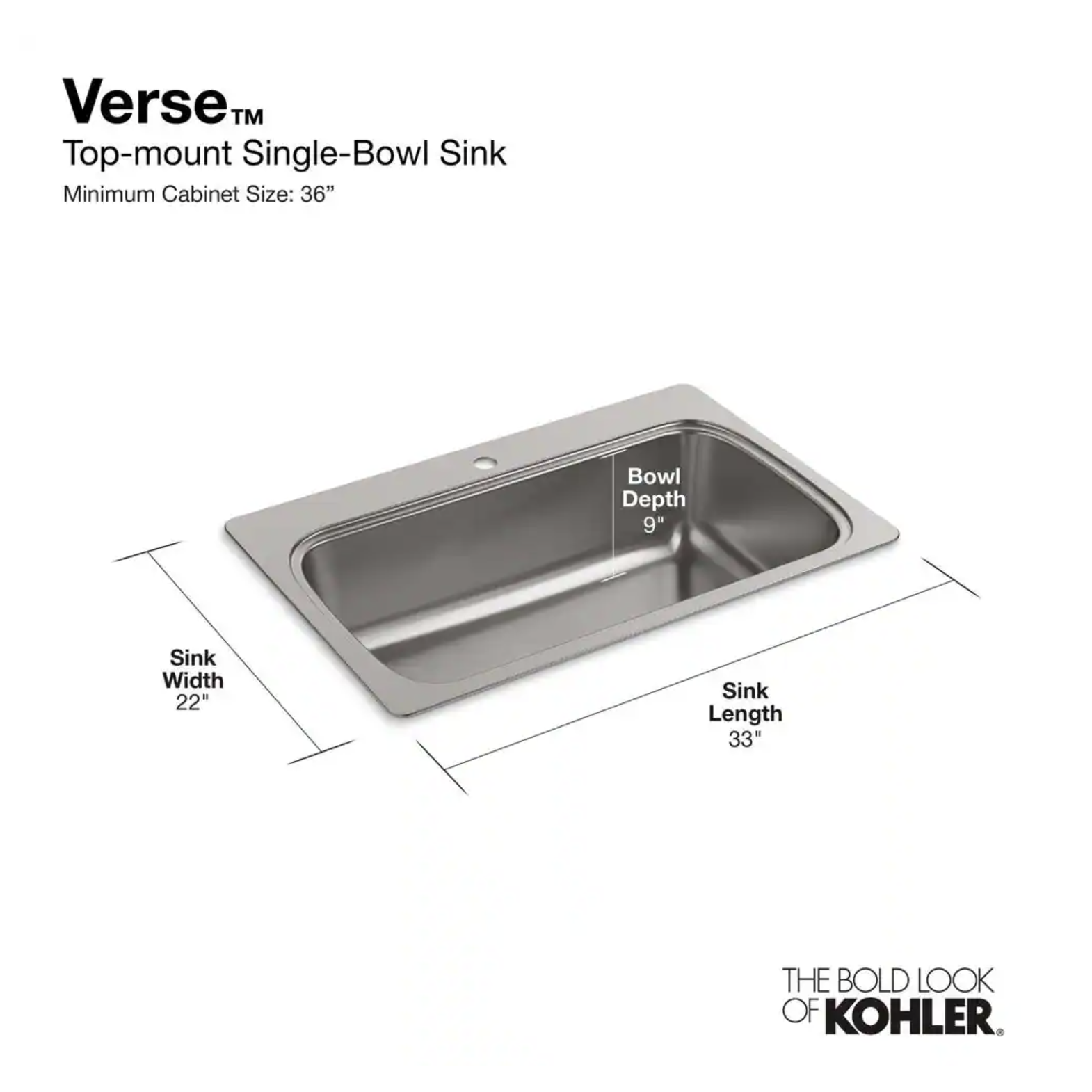 Kohler Verse Drop-in Stainless Steel 33 in. 1-Hole Single Bowl Kitchen Sink (K-20060-1-NA)