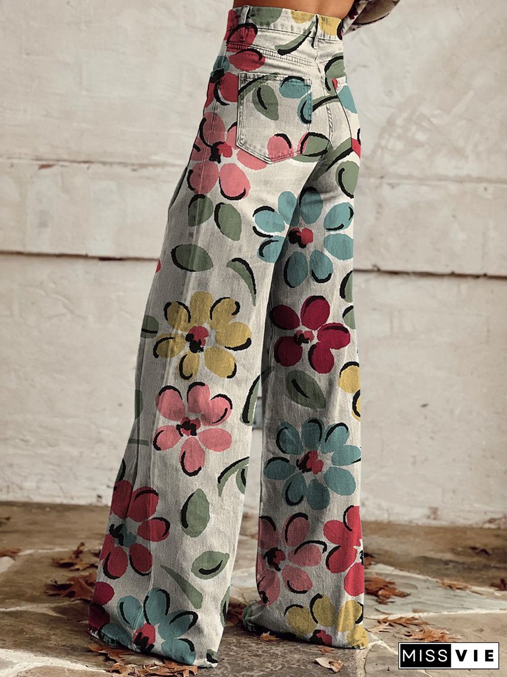 Women's Multicolor Flowers Print Casual Wide Leg Pants