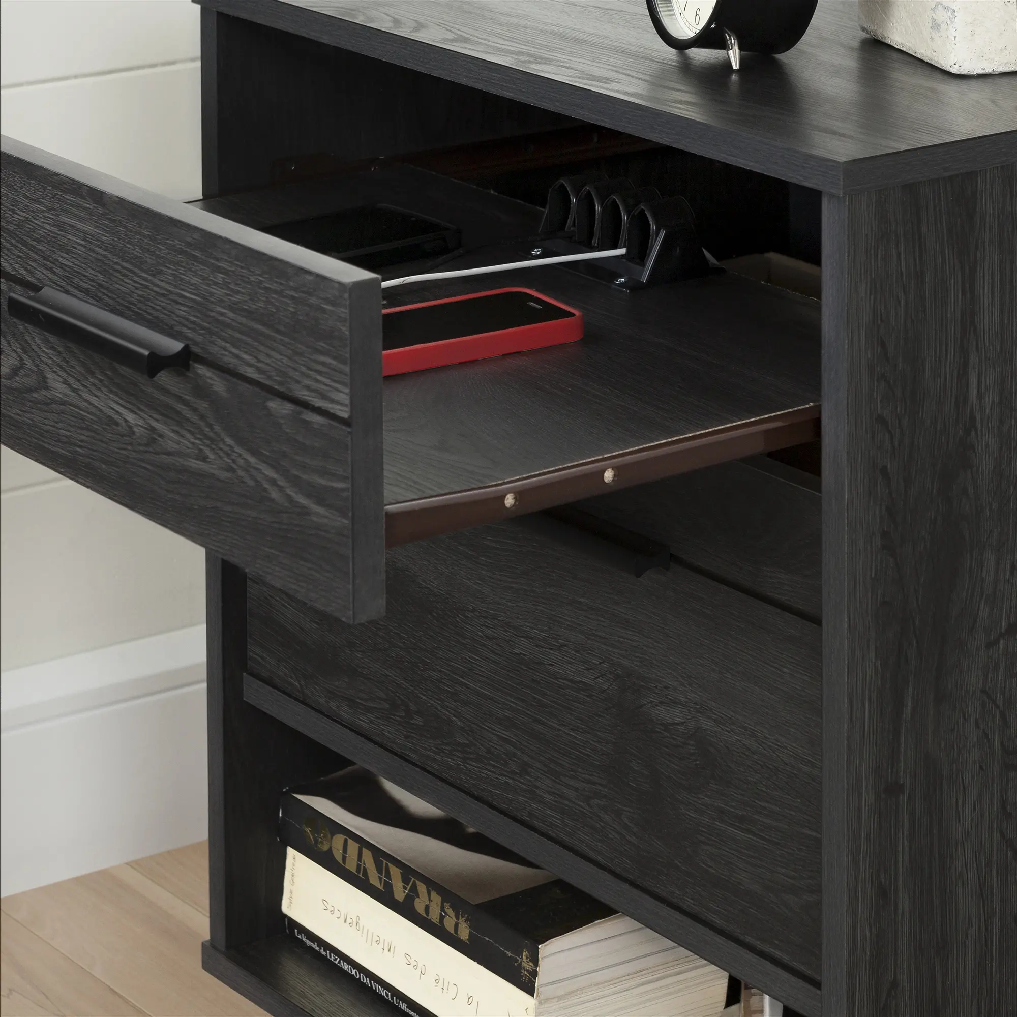 Modern Gray Oak Nightstand with Sliding Shelf - South Shore