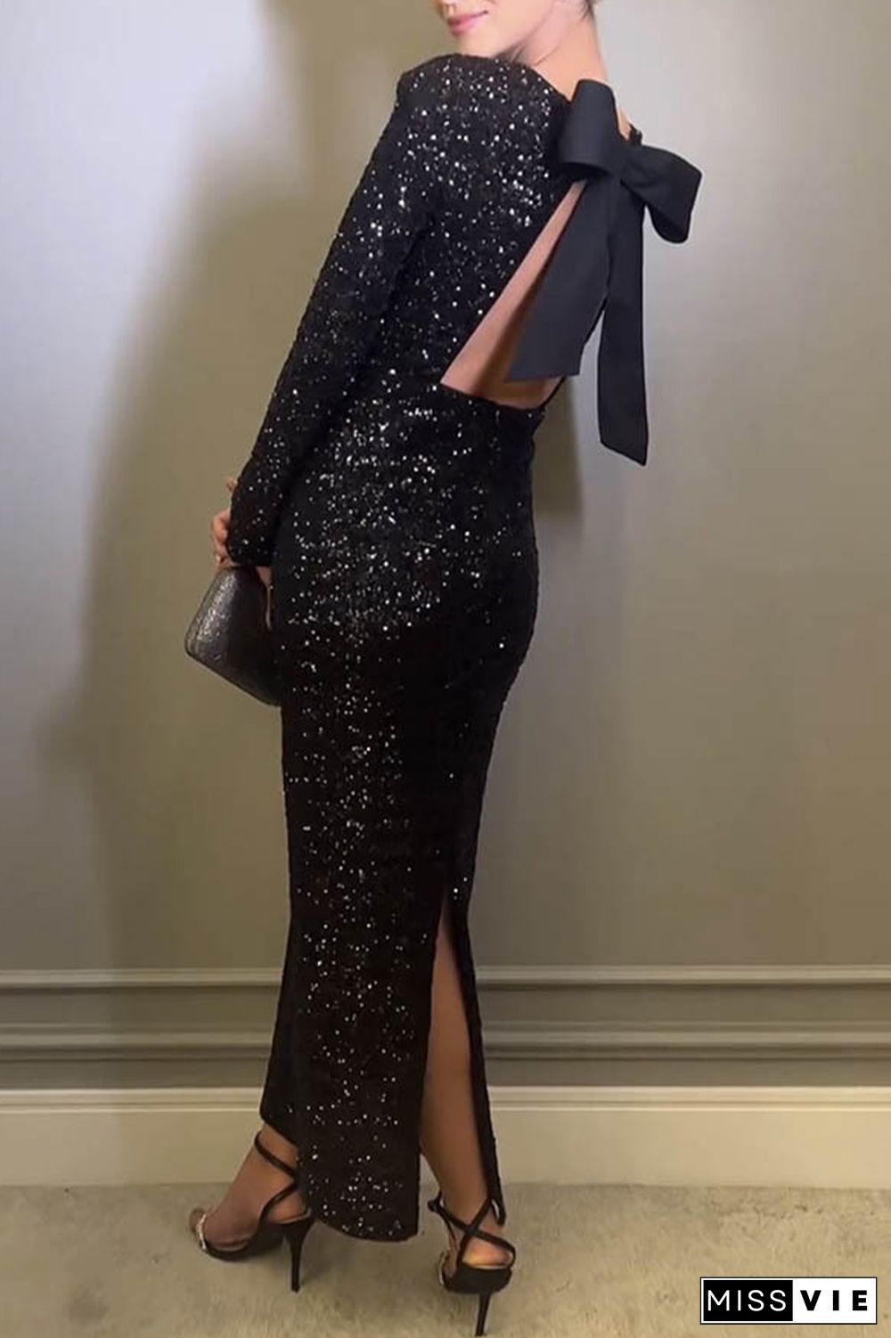 Sexy Solid Sequins With Bow O Neck Evening Dress Dresses