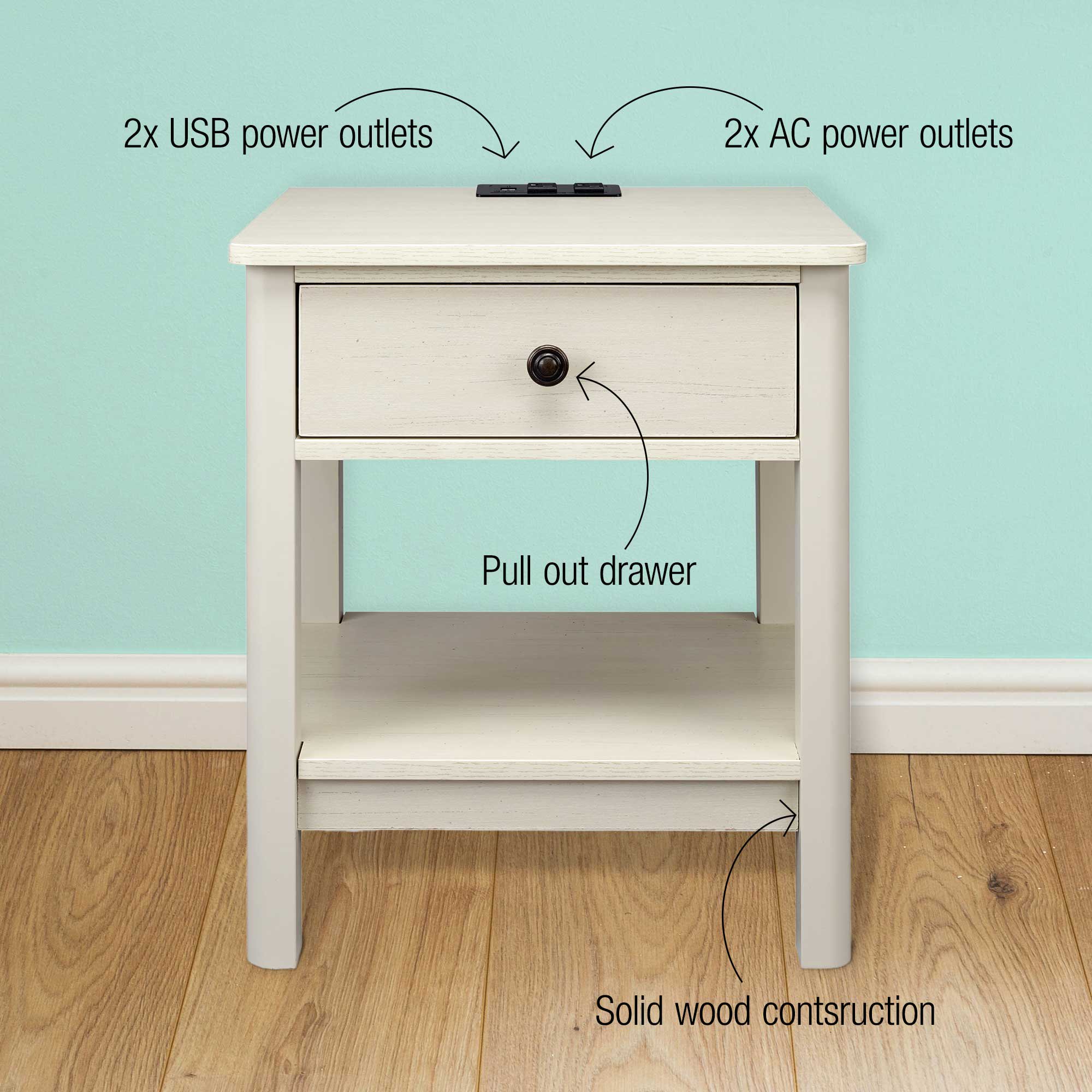 DecorTech Traditional Rectangular End Table with AC Power and USB Charging Ports， White