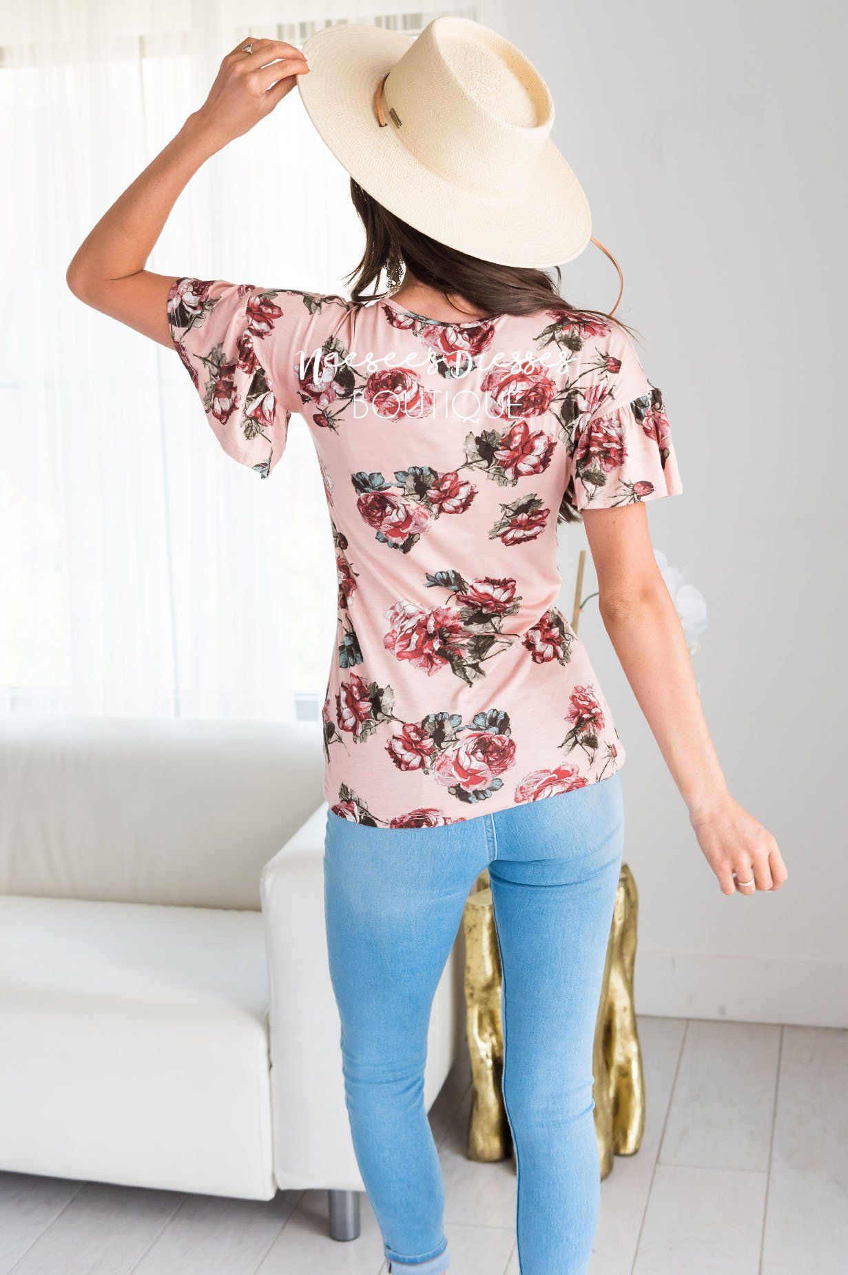 Mauve Floral Modest Ruffle Sleeve Top