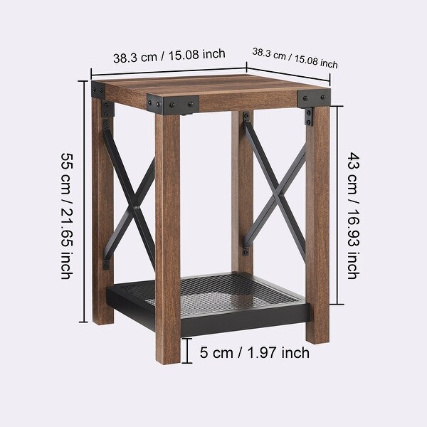 Farmhouse Wood Side Table with Mesh Shelf