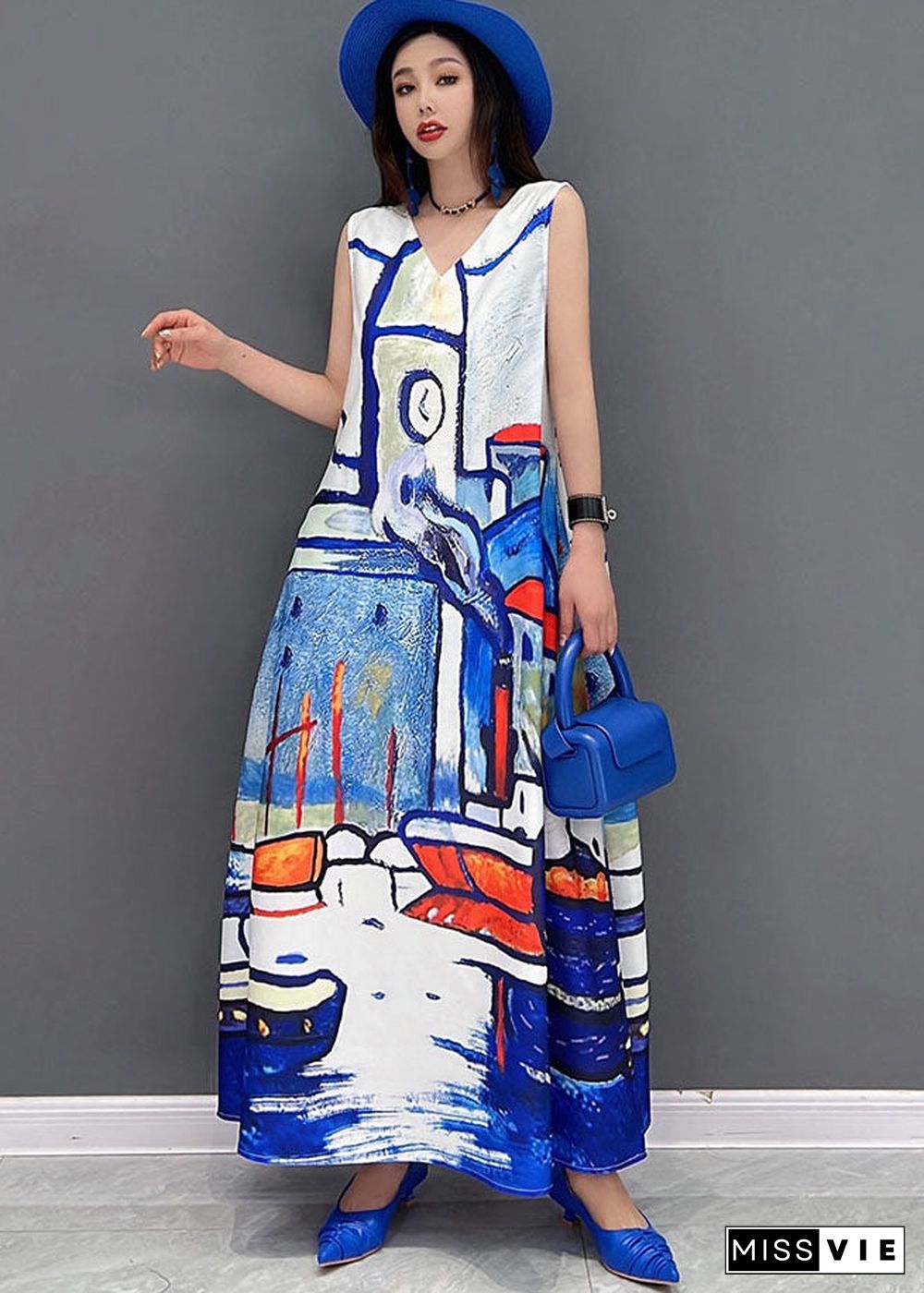 Beautiful White V Neck Graphic Print Chiffon A Line Long Dress Sleeveless