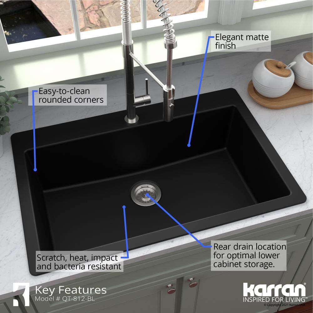 Karran Quartz 33 in. Large Single Bowl Drop-In Kitchen Sink in Black QT-812-BL