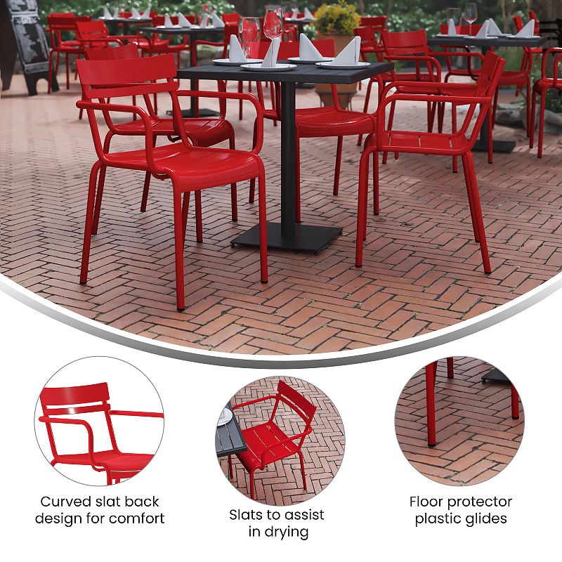 Emma and Oliver Rennes Powder Coated Steel Stacking Dining Chair with Arms and 2 Slat Back for Indoor-Outdoor Use