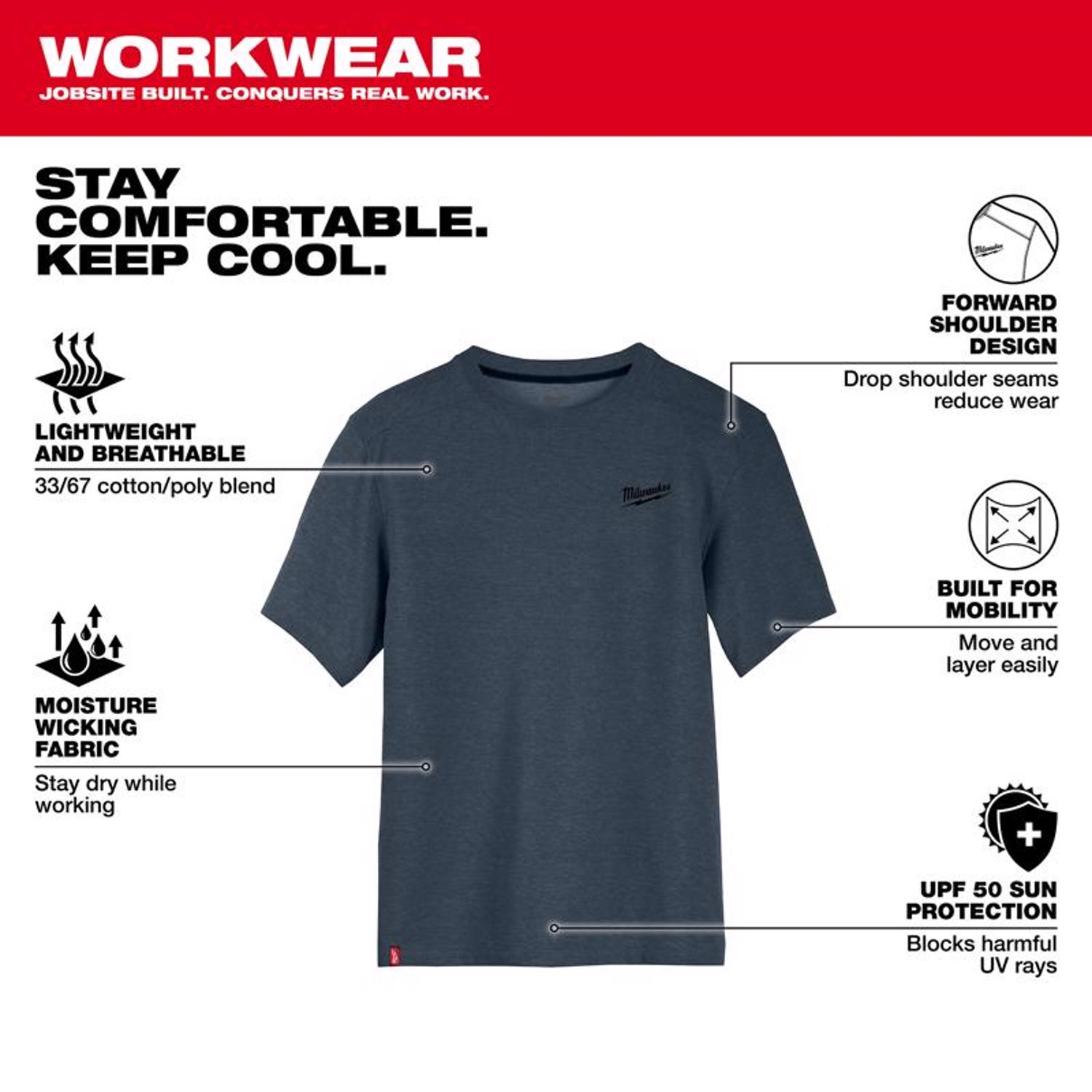 MW L Short Sleeve Men\u0027s Crew Neck Blue Hybrid Work Tee Shirt