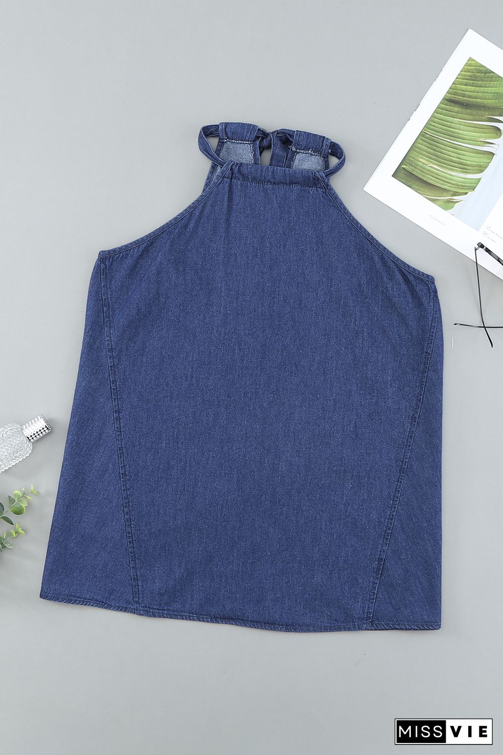 Blue Halter Neck Denim Tank Top