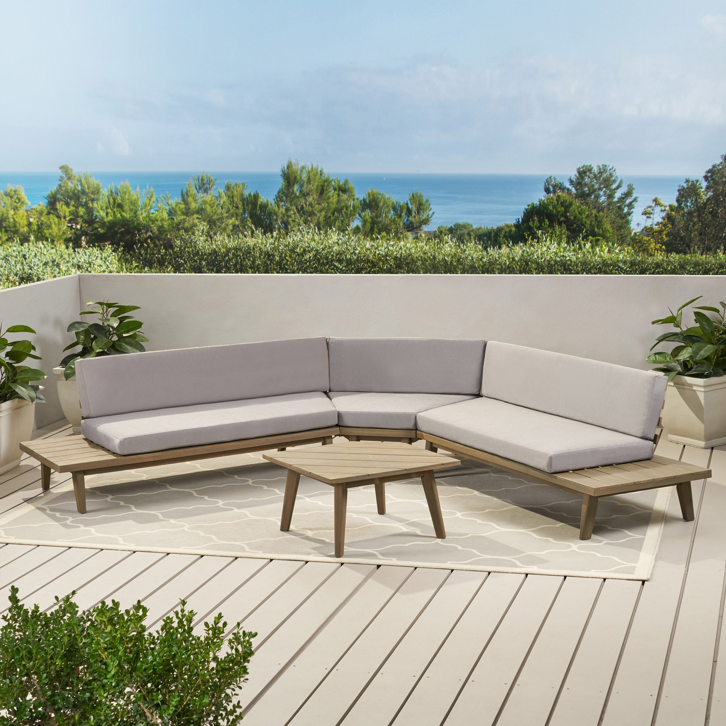 Hillside Mid Century Modern Outdoor Wood Platform Sectional With Built In End Tables & Coffee Table