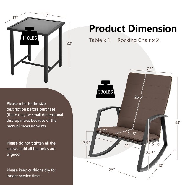 Costway 3pcs Patio Rattan Rocking Chair Table Furniture Set Yard Cushion