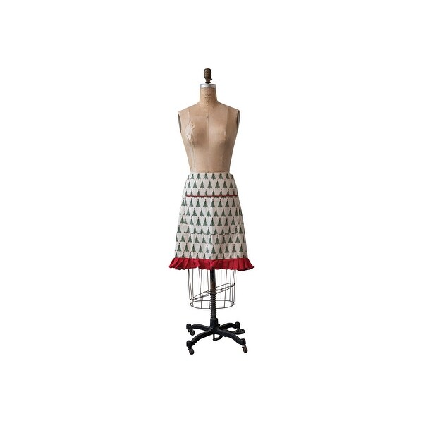 Cotton Printed Half Apron with Christmas Tree Pattern，Pocket and Ruffle