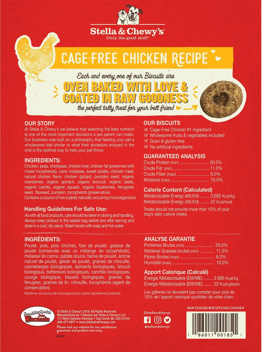 Stella and Chewy's Raw Coated Biscuits Cage-Free Chicken Recipe Freeze-Dried Grain-Free Dog Treats