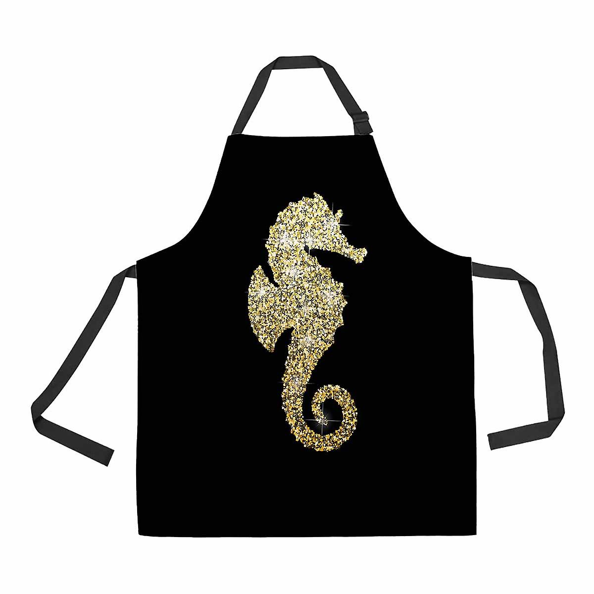 Glittery Golden Seahorse On A Black Unisex Adjustable Bib Apron With Pockets For Commercial Restaurant And Home Kitchen Use