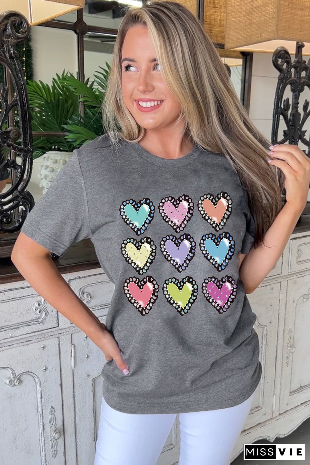 Gray Colorful Heart Shaped Print Crew Neck Casual Tee