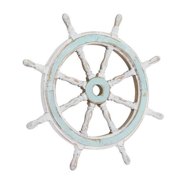 Wood Sail Boat Ship Wheel Wall Decor With Distressing Blue Olivia amp May