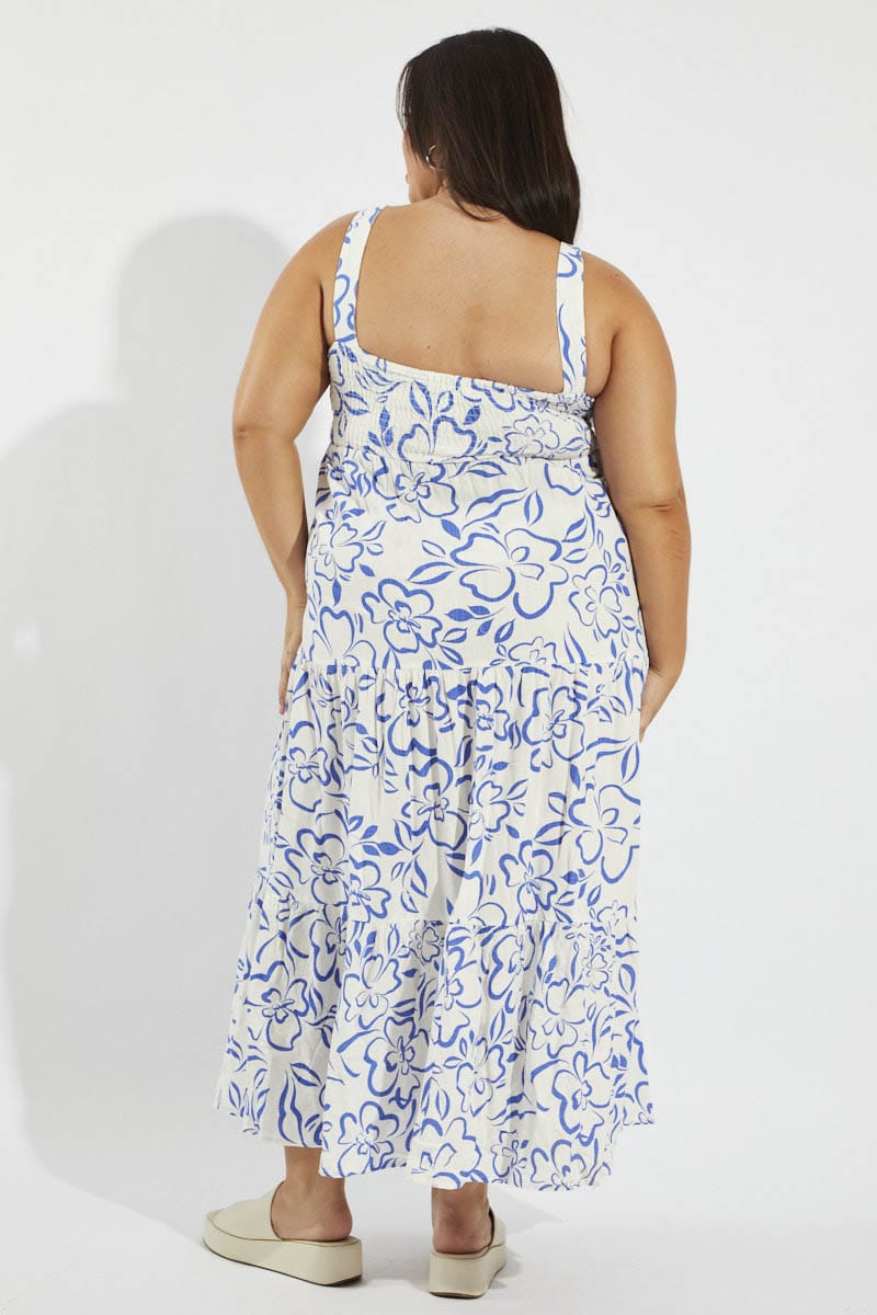 Blue Abstract Maxidress Shirred Back Tiered