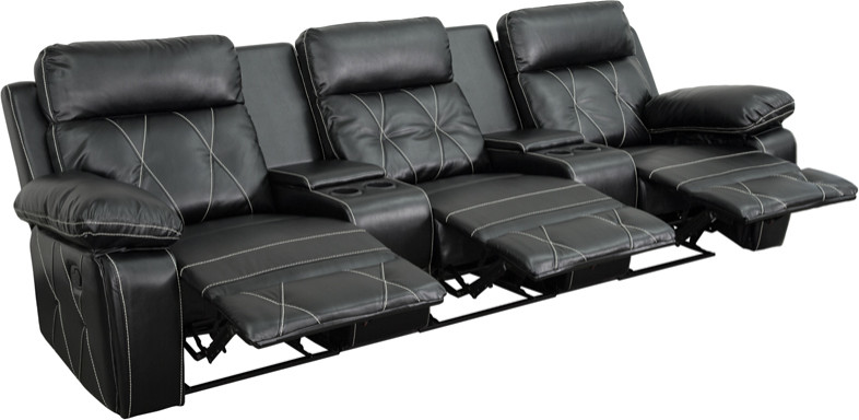 3  Seat Reclining Black LeatherSoft Theater Seating Unit  Straight Cup Holder   Transitional   Theater Seating   by Homesquare  Houzz