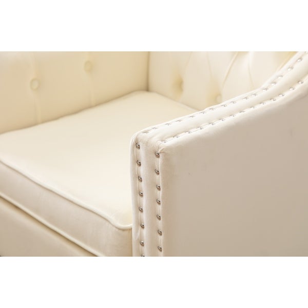 Modern and Cozy Velvet Tufted Accent Chair with Wood Legs， with Nail Decoration， for Living Room， Beige