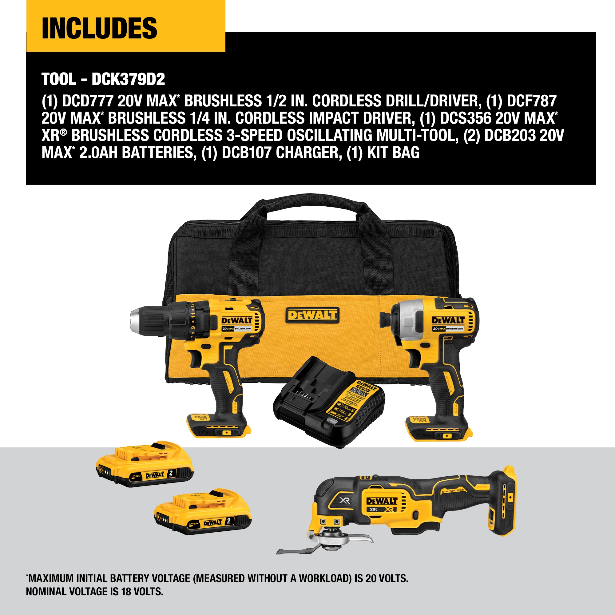 DEWALT DCK379D2 3-Tool 20-Volt Max Brushless Power Tool Combo Kit with Soft Case (2-Batteries and charger Included)