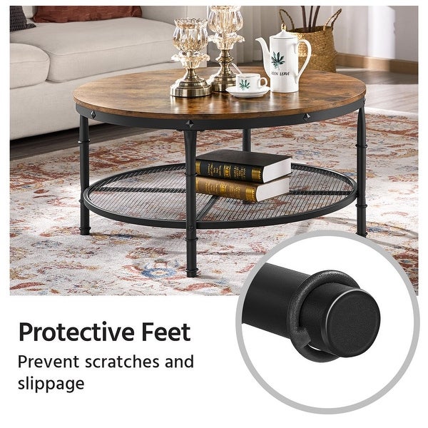 Round Metal Coffee Table with Storage Shelf， Rustic Brown