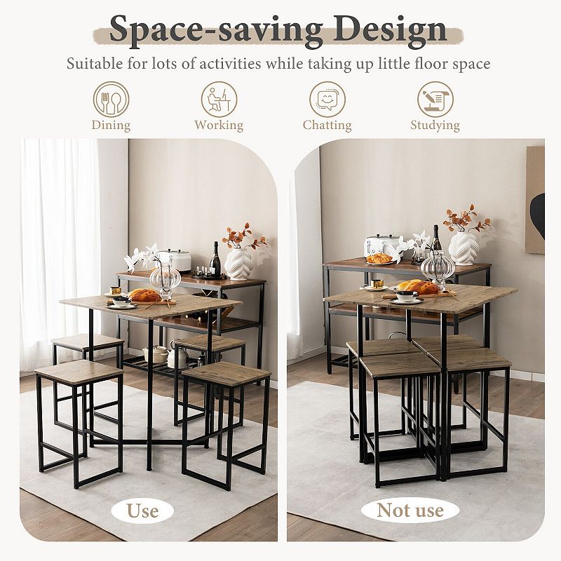 5 Piece Square Space-saving Dining Table Set with 4 Stools