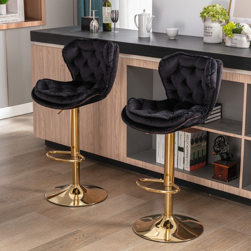 Set of 2 Bar Stools with Chrome Footrest and Base Swivel Height Adjustable