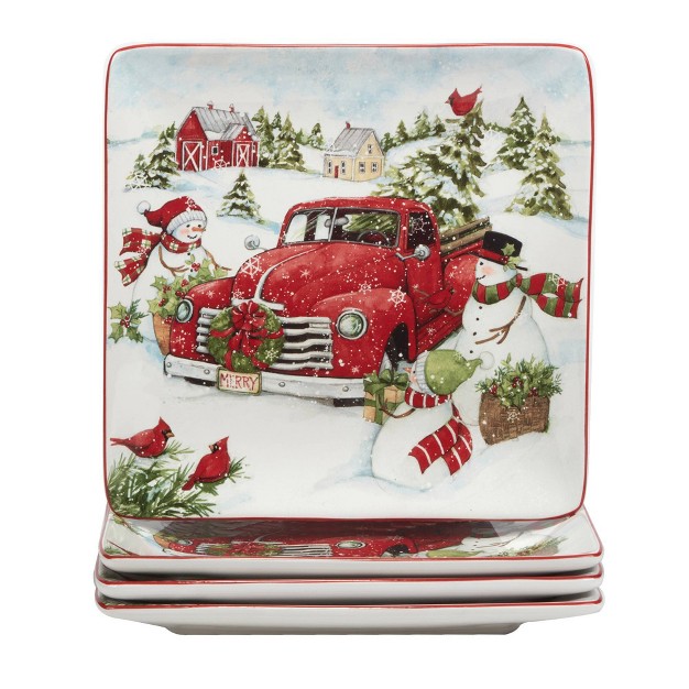 Set Of 4 Red Truck Snowman Dinner Plates Certified International